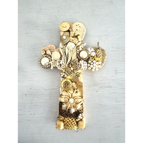 Vintage Floral and Goldtone Costume Jewelry Wall Cross Art